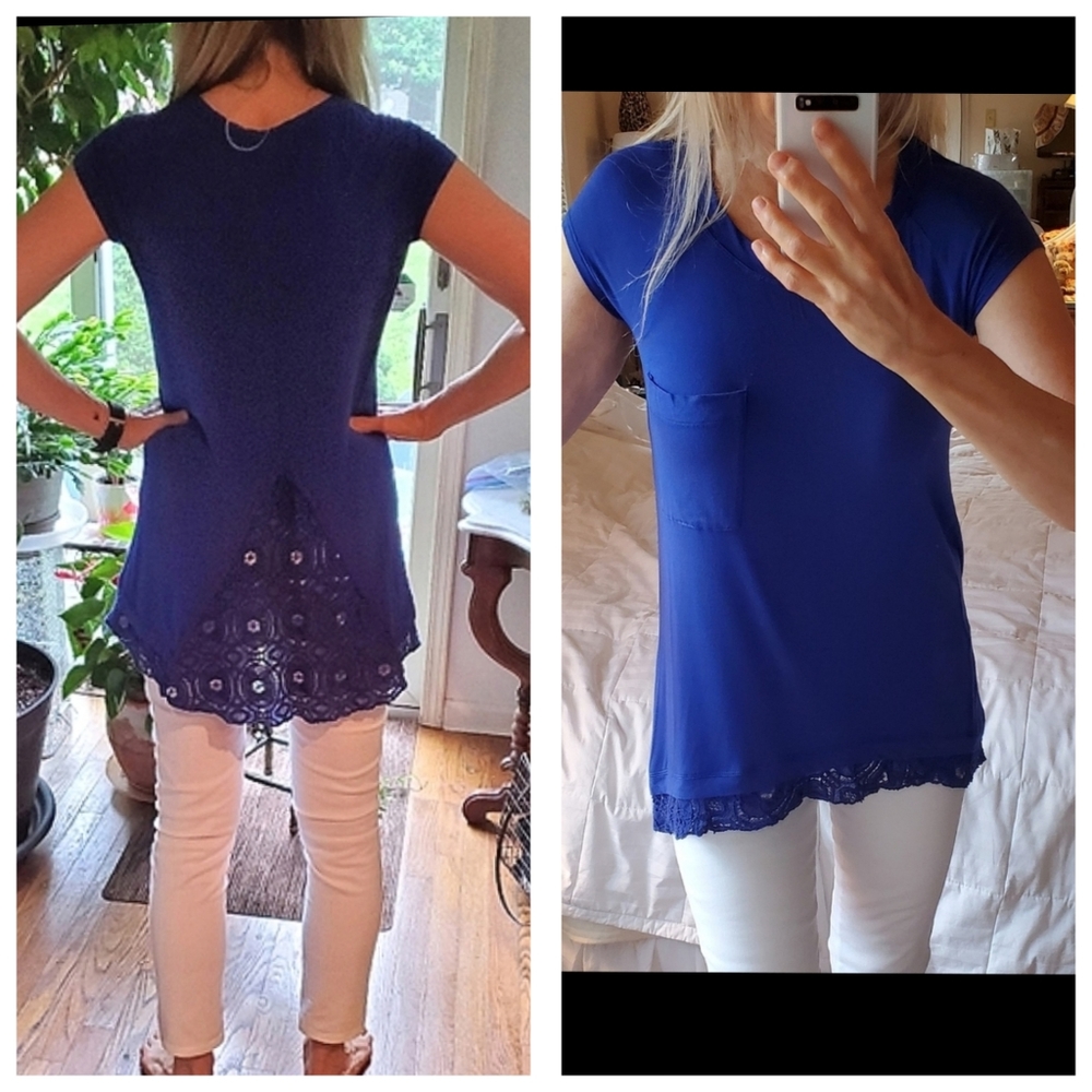 🍒Anthropologie Lace Edge Bordeaux Blue Tunic Top CYA - Picture 2 of 12